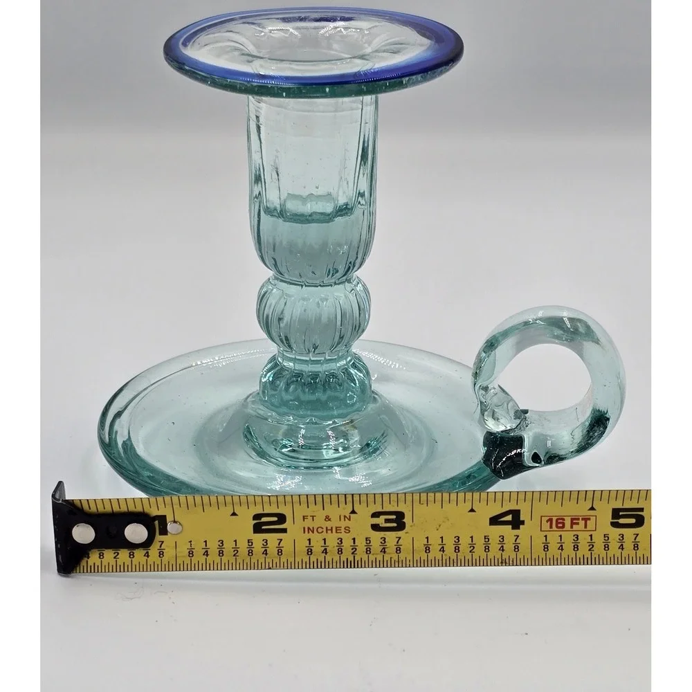 Vintage Rare Vetreria Etrusca Green Glass Chamberstick Taper Holder Blue Rim‎